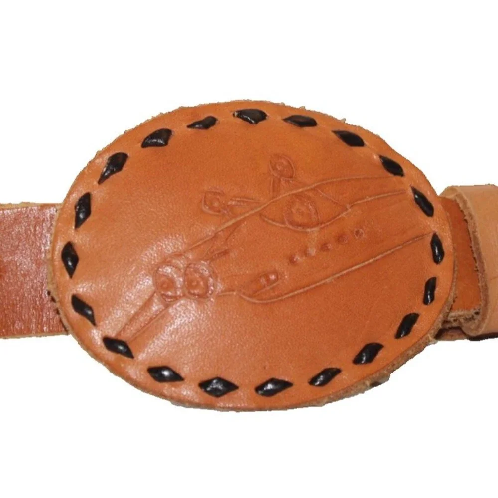 Vintage Men's Brown Tooled Leather Belt Airplane Swastica 30 Inch